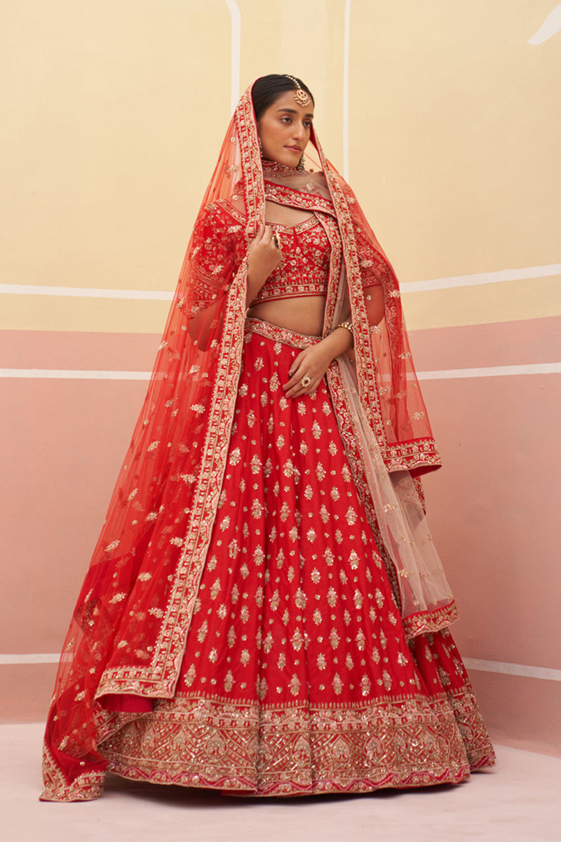 Red Raw Silk Lehenga Set