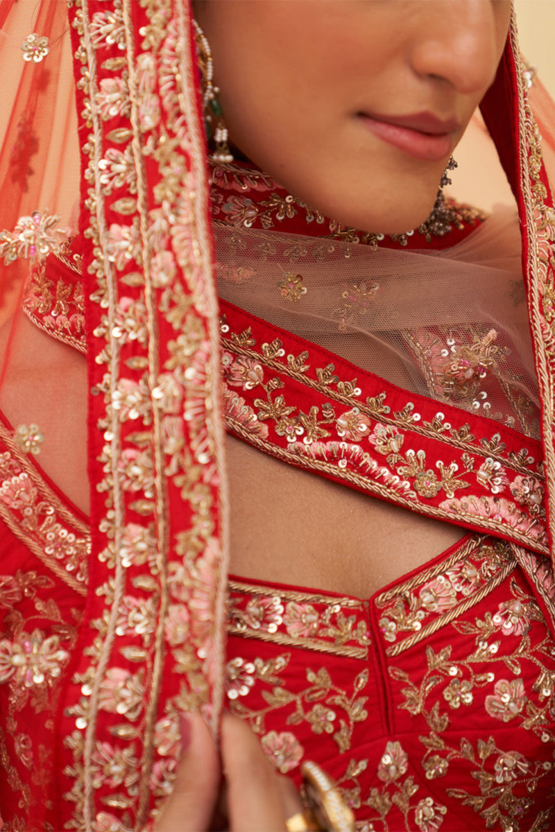 Red Raw Silk Lehenga Set