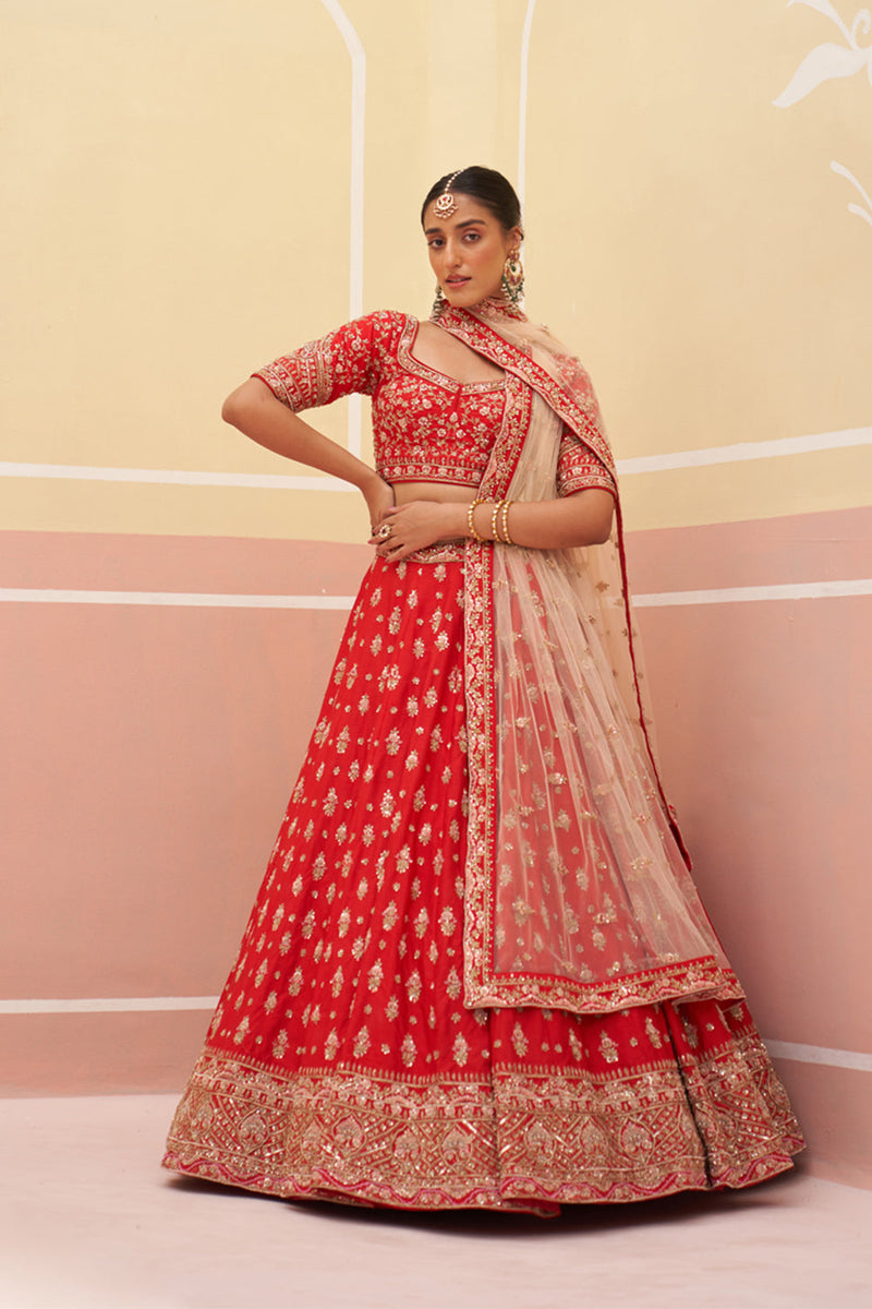 Red Raw Silk Lehenga Set