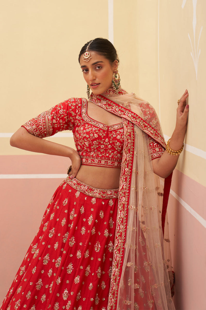 Red Raw Silk Lehenga Set