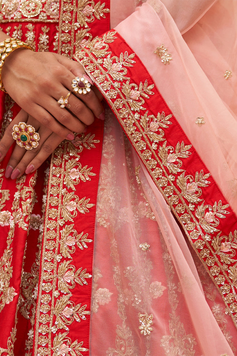 Red Raw Silk Lehenga Set