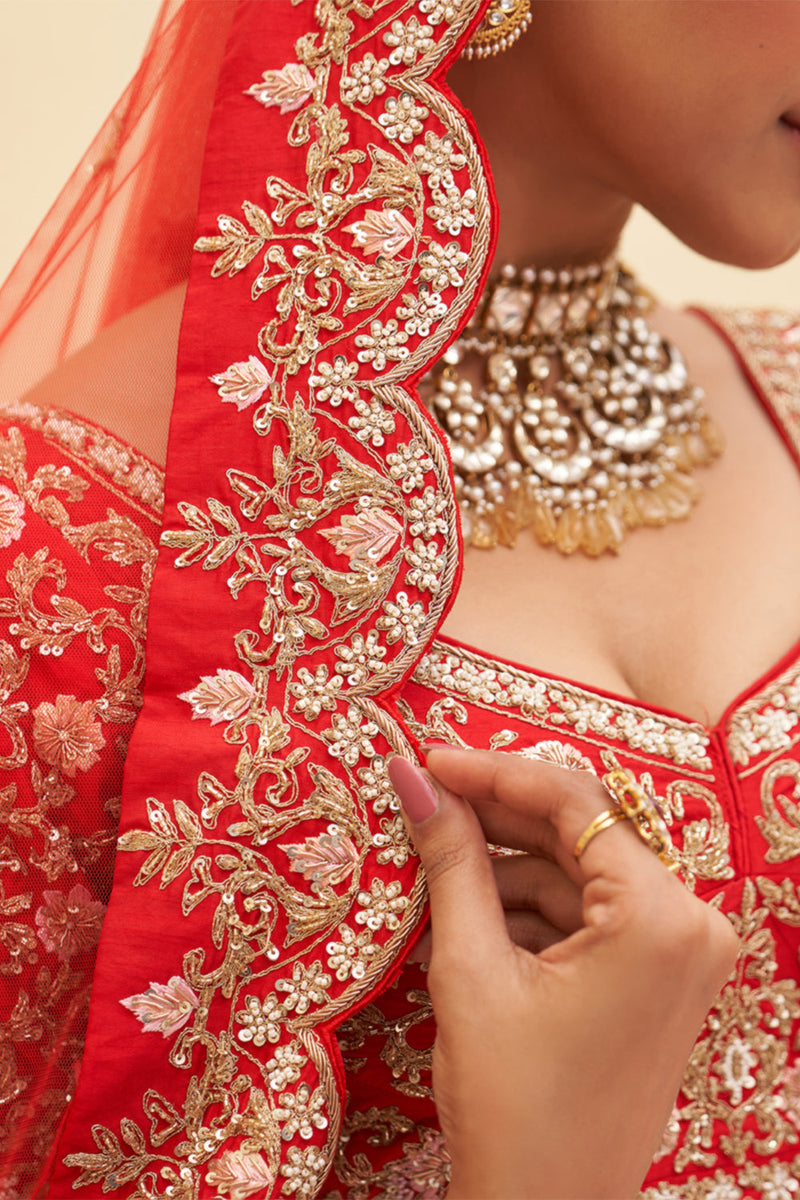 Red Raw Silk Lehenga Set