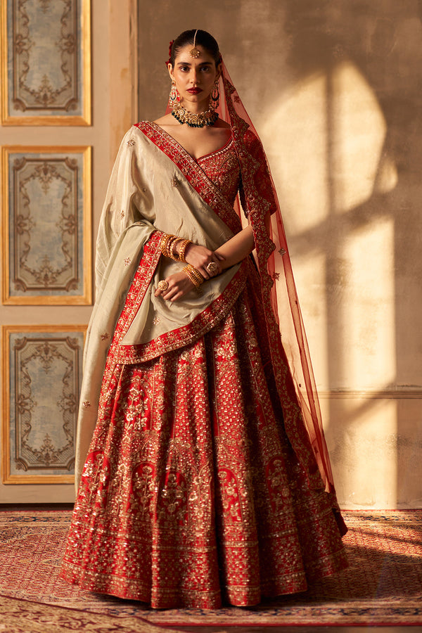 Red Raw Silk Double Dupatta Lehenga Set