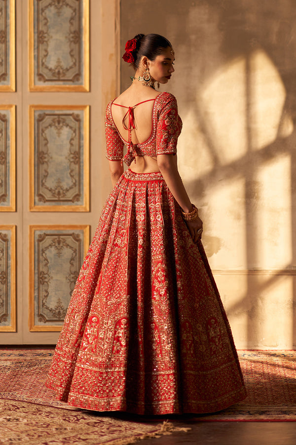 Red Raw Silk Double Dupatta Lehenga Set