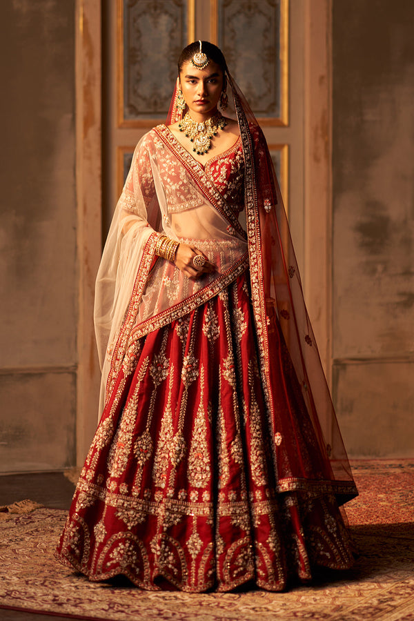 Maroon Raw Silk Double Dupatta Lehenga Set