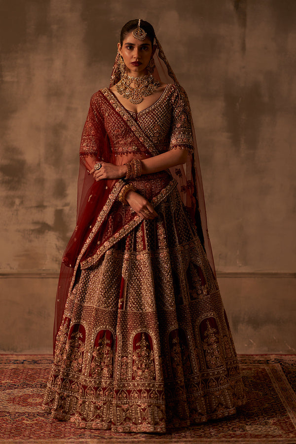 Maroon Raw Silk Double Dupatta Lehenga Set