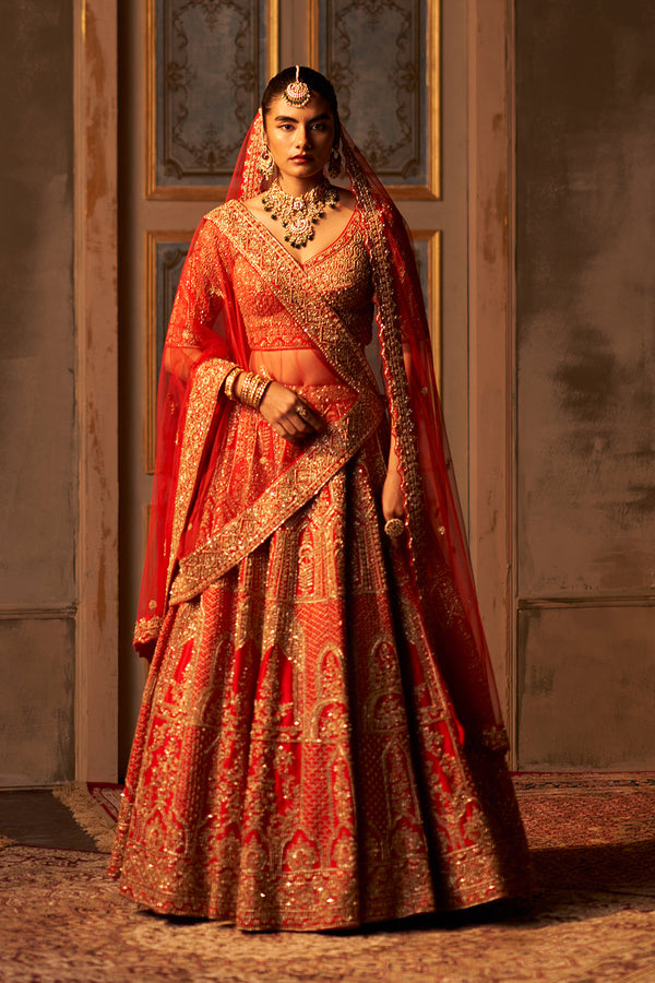 Red Raw Silk Double Dupatta Lehenga Set