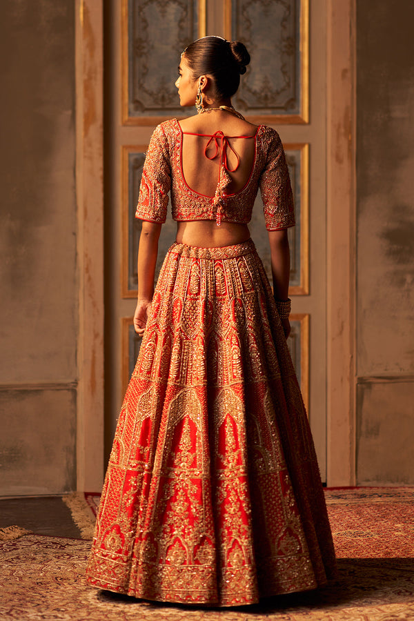 Red Raw Silk Double Dupatta Lehenga Set