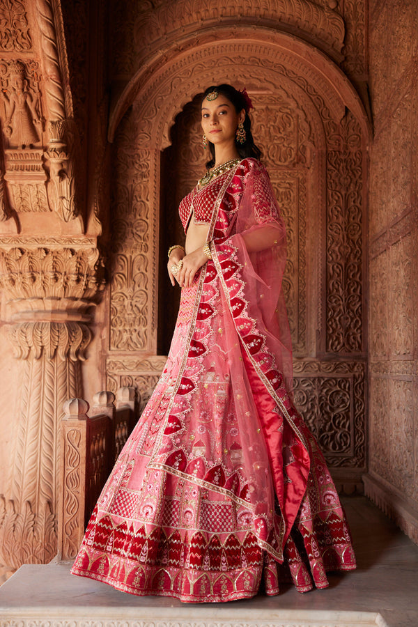 "Enice" Pink And Red Hand Embroidered Lehenga Set