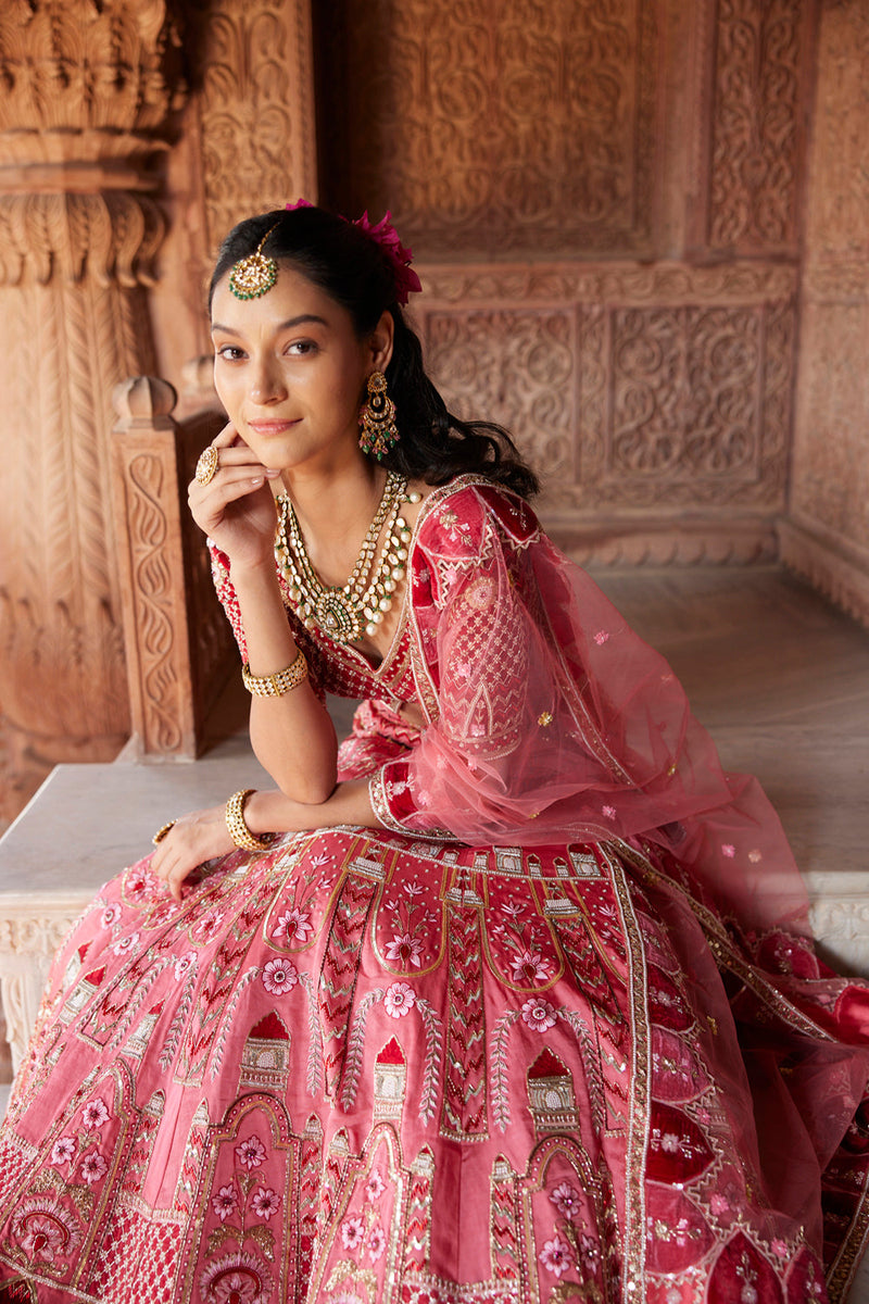 "Enice" Pink And Red Hand Embroidered Lehenga Set