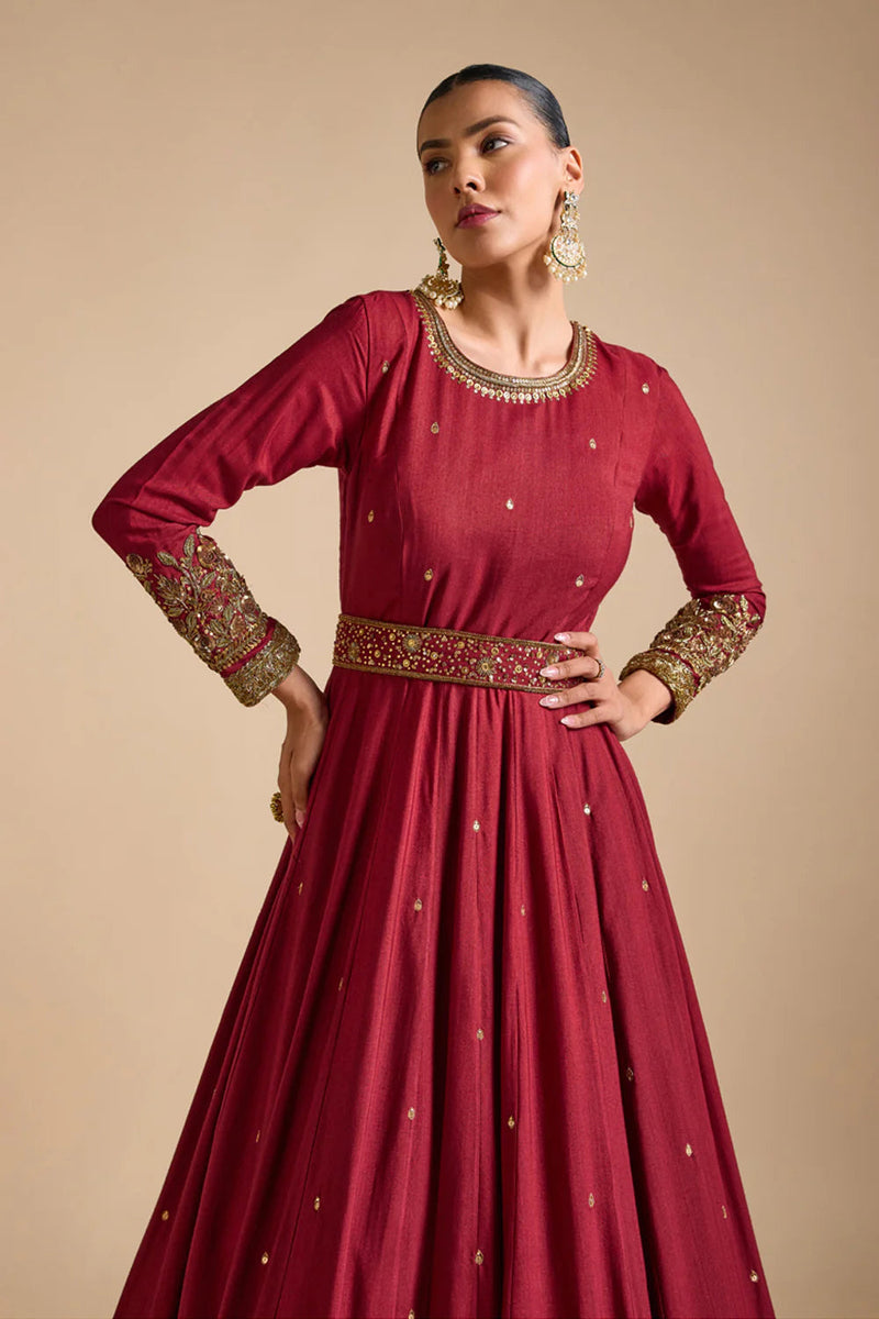 Embroidered Cuff Tussar Anarkali Set