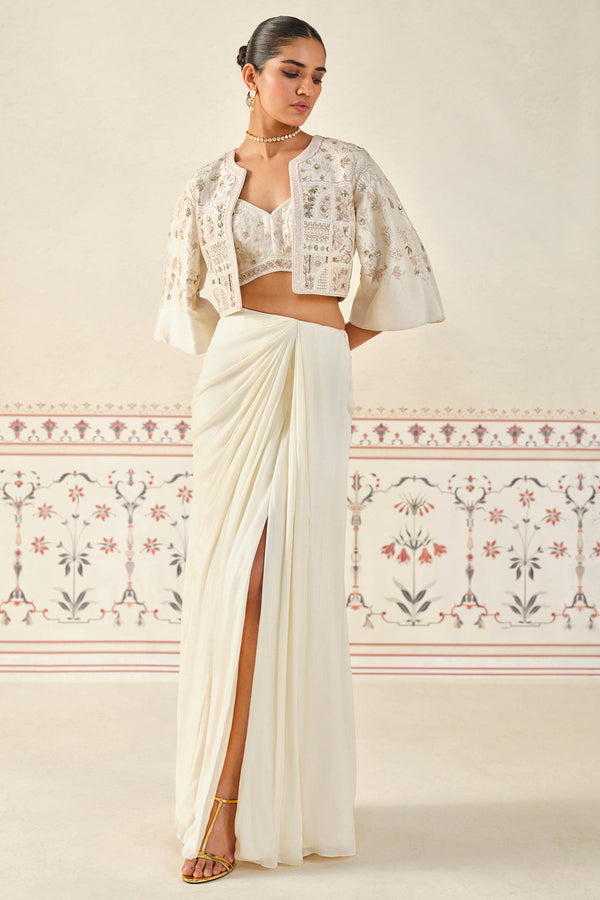 Mesnata Embroidered Skirt Set - Ivory