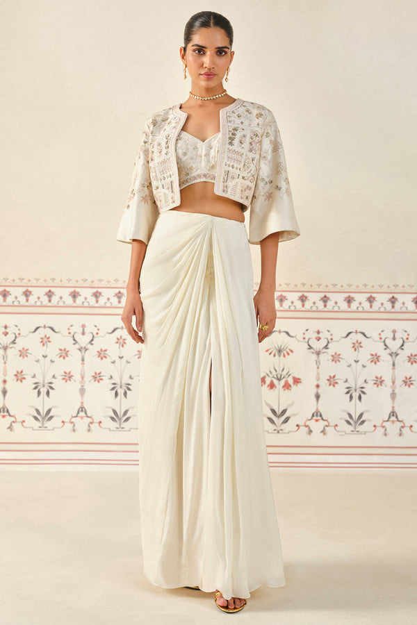 Mesnata Embroidered Skirt Set - Ivory