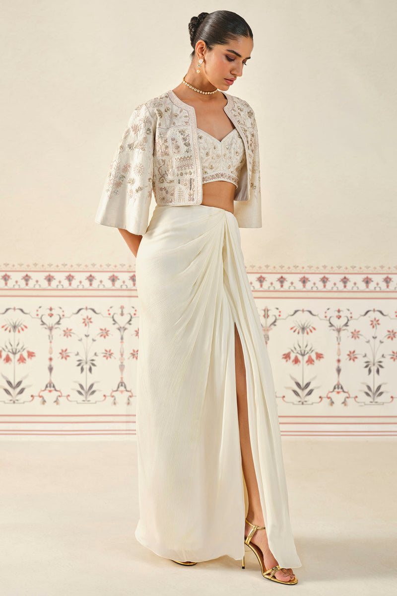 Mesnata Embroidered Skirt Set - Ivory