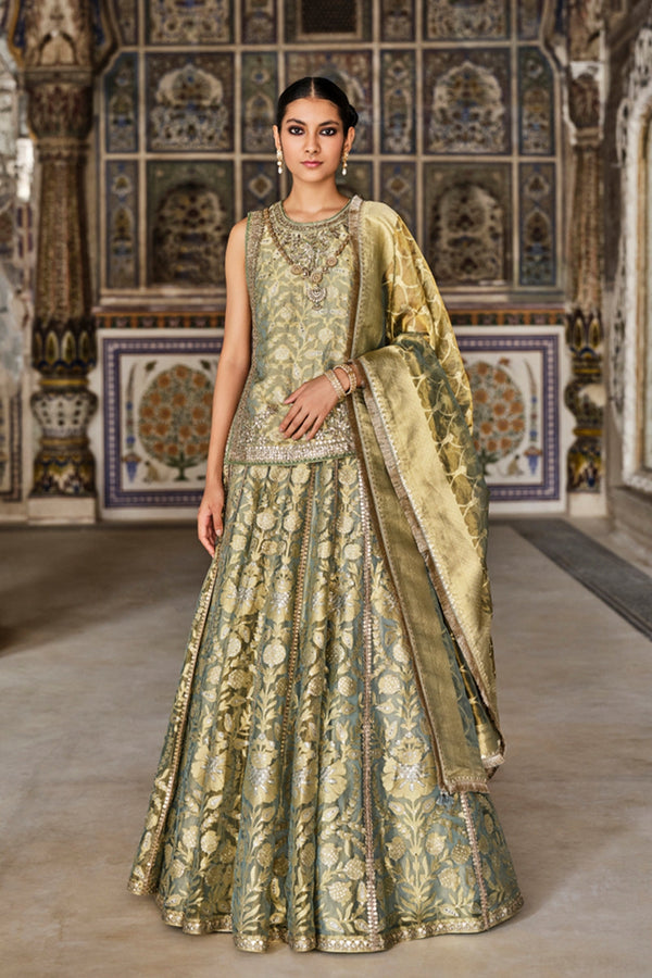 Vajasi Handwoven Benarasi Silk Lehenga Set – Aqua