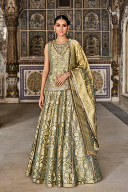 Vajasi Handwoven Benarasi Silk Lehenga Set Aqua