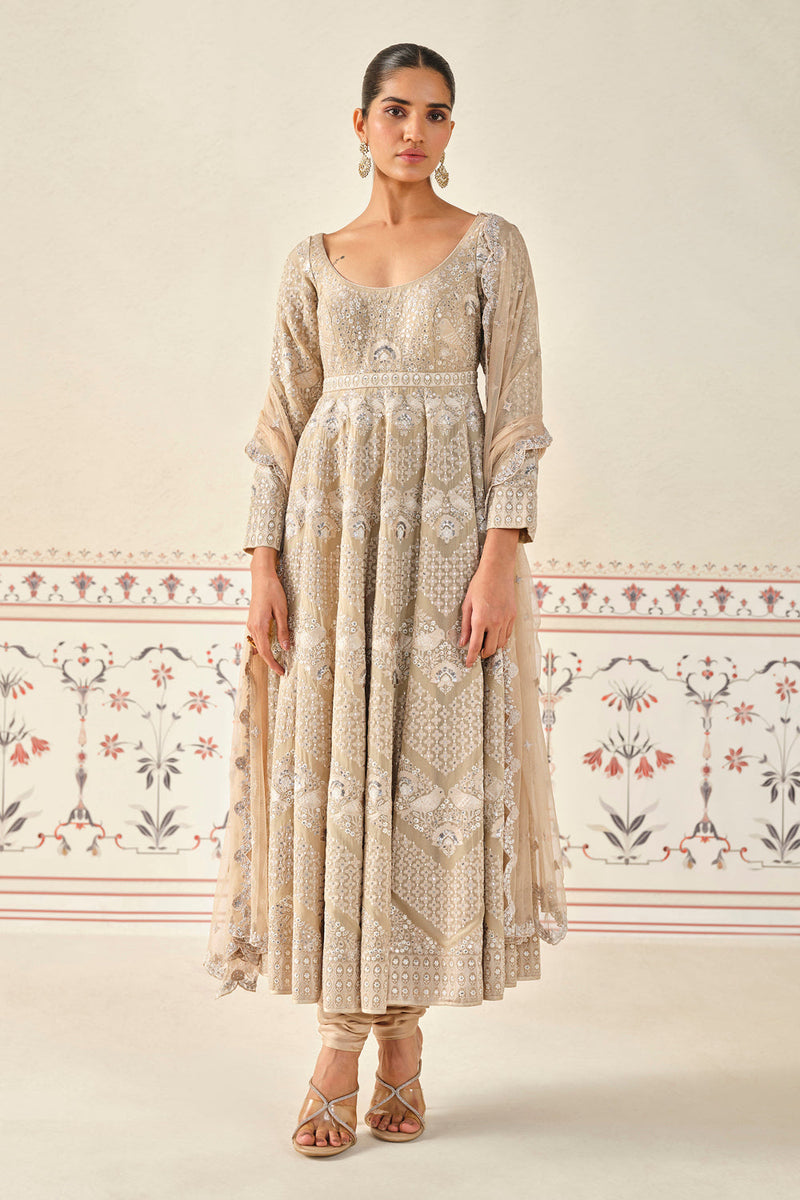 Rafah Embroidered Anarkali Set - Nude