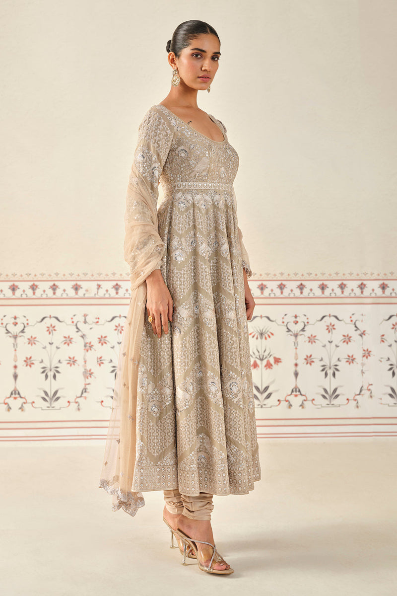 Rafah Embroidered Anarkali Set - Nude