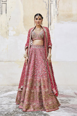 Adhyavi Embroidered Zardozi Silk Lehenga Set – Red