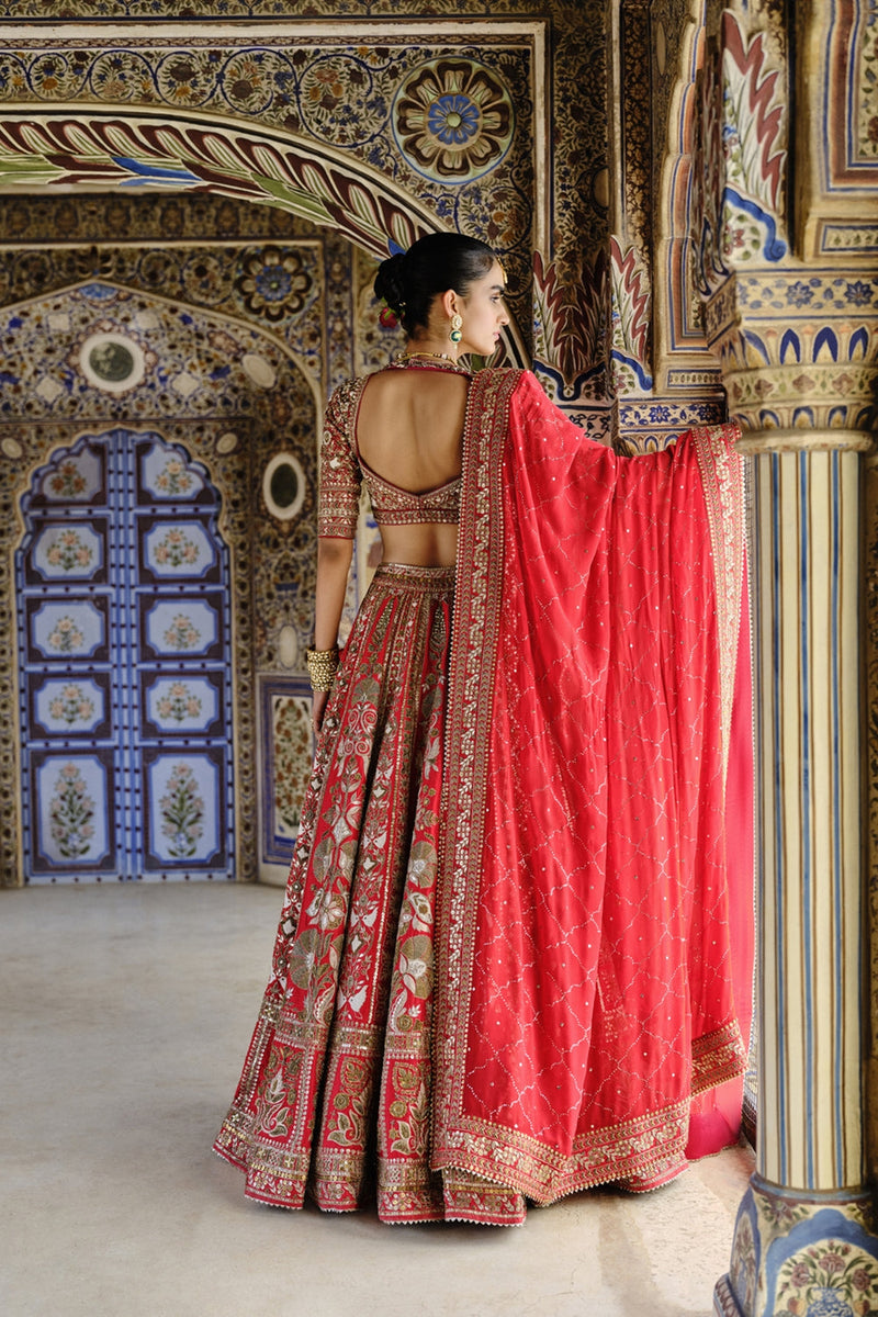 Mehreen Embroidered Zardozi Silk Lehenga Set - Red