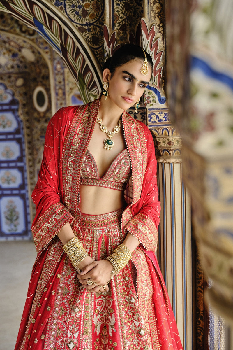 Mehreen Embroidered Zardozi Silk Lehenga Set - Red