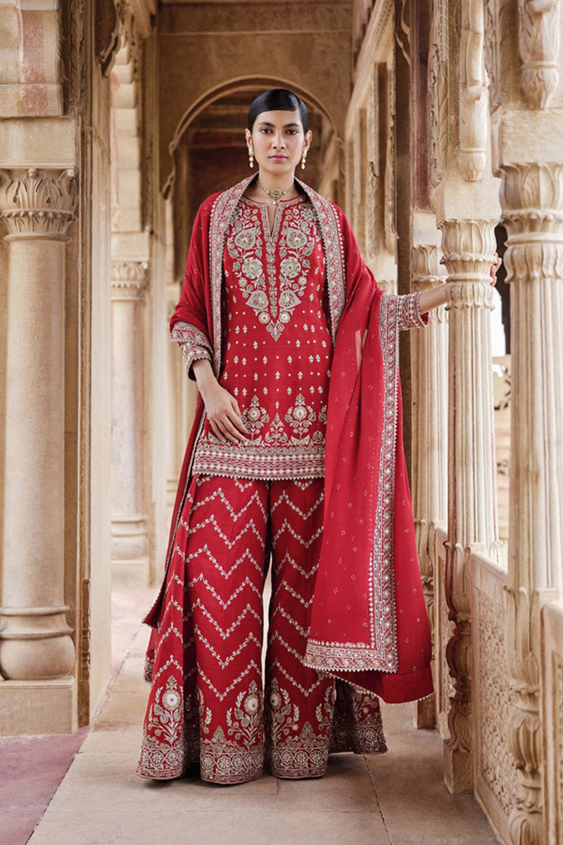   Maalavi Embroidered Cord Silk Suit Set - Red