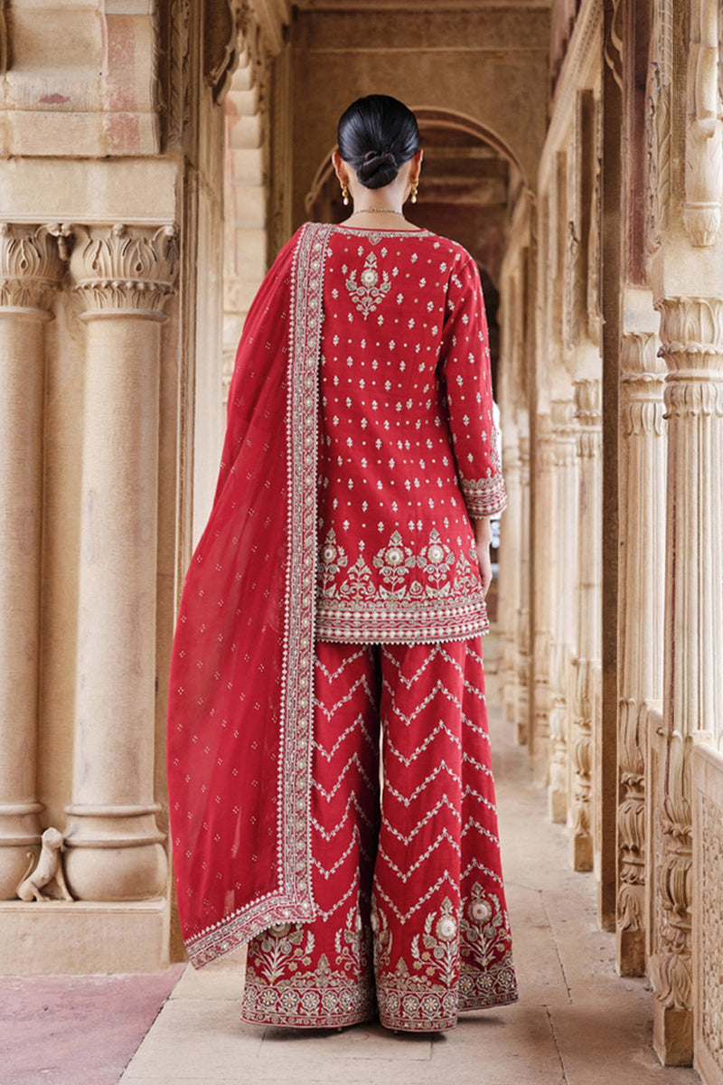   Maalavi Embroidered Cord Silk Suit Set - Red