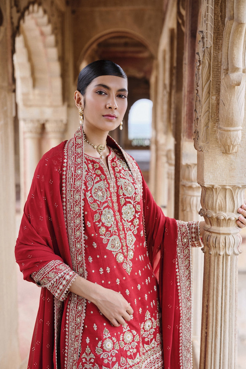   Maalavi Embroidered Cord Silk Suit Set - Red