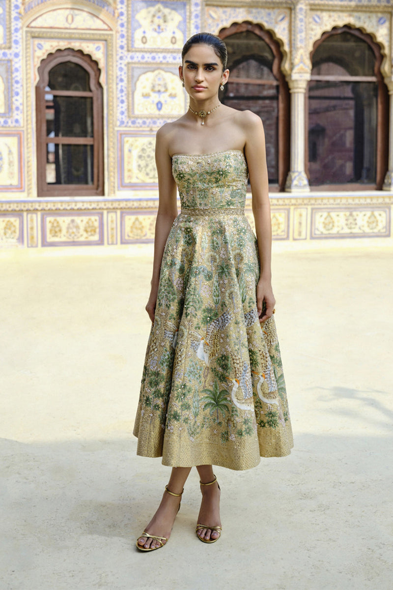 Avasa Hand-Painted Pichhwai Silk Dress Gold