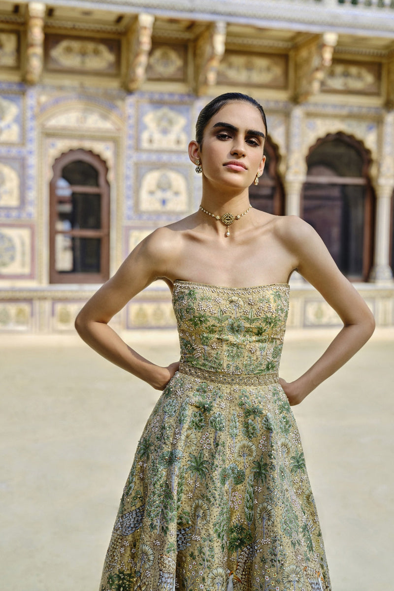 Avasa Hand-Painted Pichhwai Silk Dress Gold