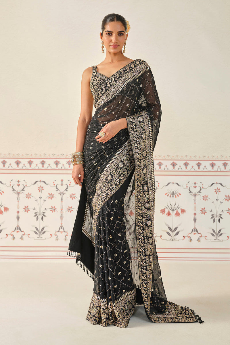 Anushna Handcrafted Badla Georgette Saree Black