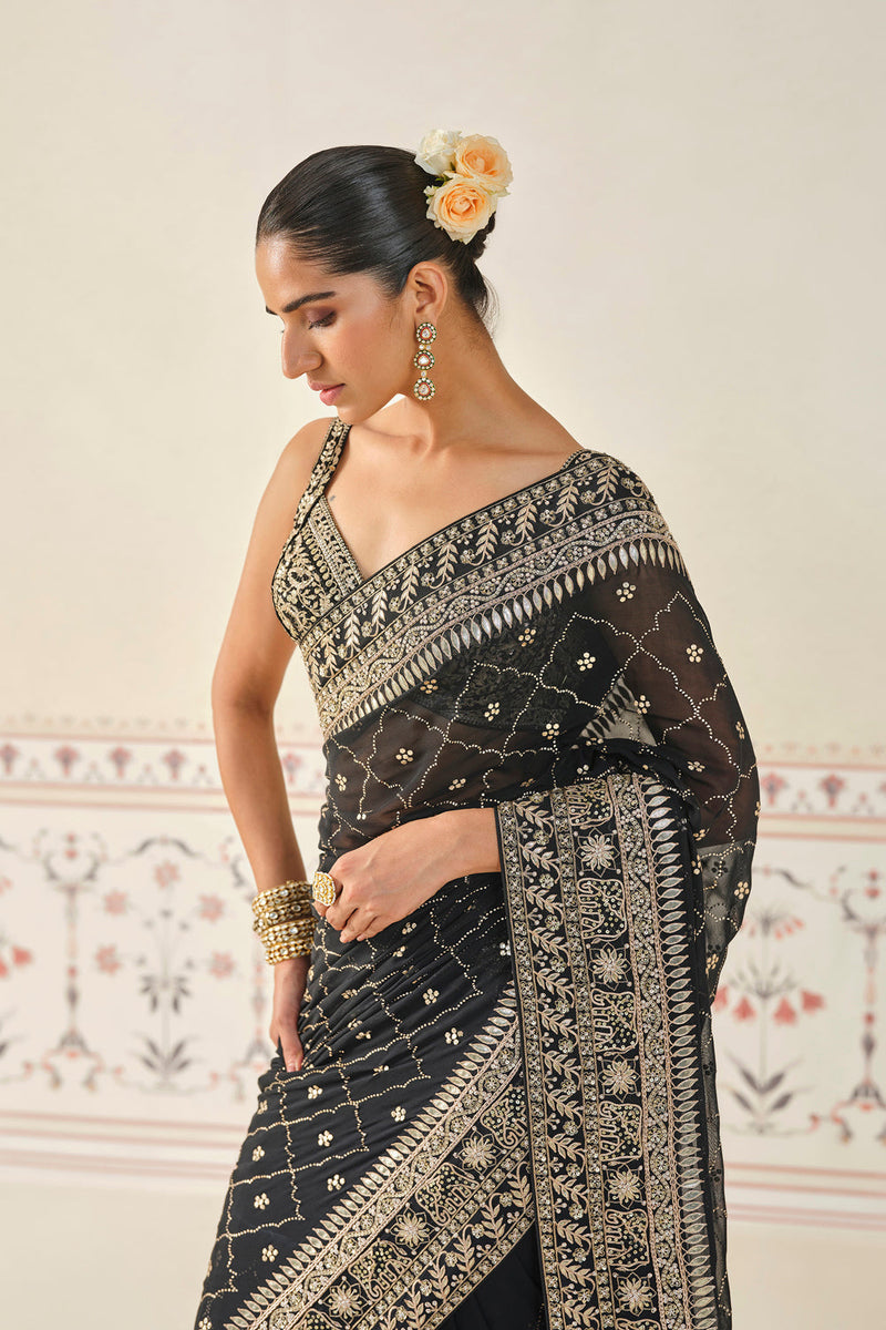 Anushna Handcrafted Badla Georgette Saree Black