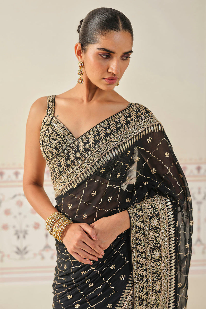 Anushna Handcrafted Badla Georgette Saree Black