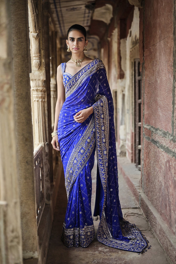 Anushna Handcrafted Badla Georgette Saree Blue