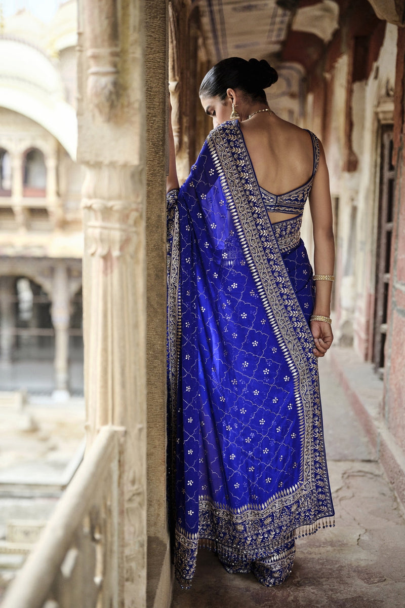 Anushna Handcrafted Badla Georgette Saree Blue