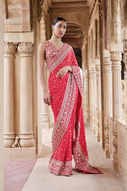 Anushna Handcrafted Badla Georgette Saree Red