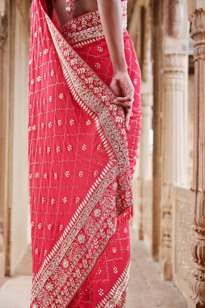 Anushna Handcrafted Badla Georgette Saree Red