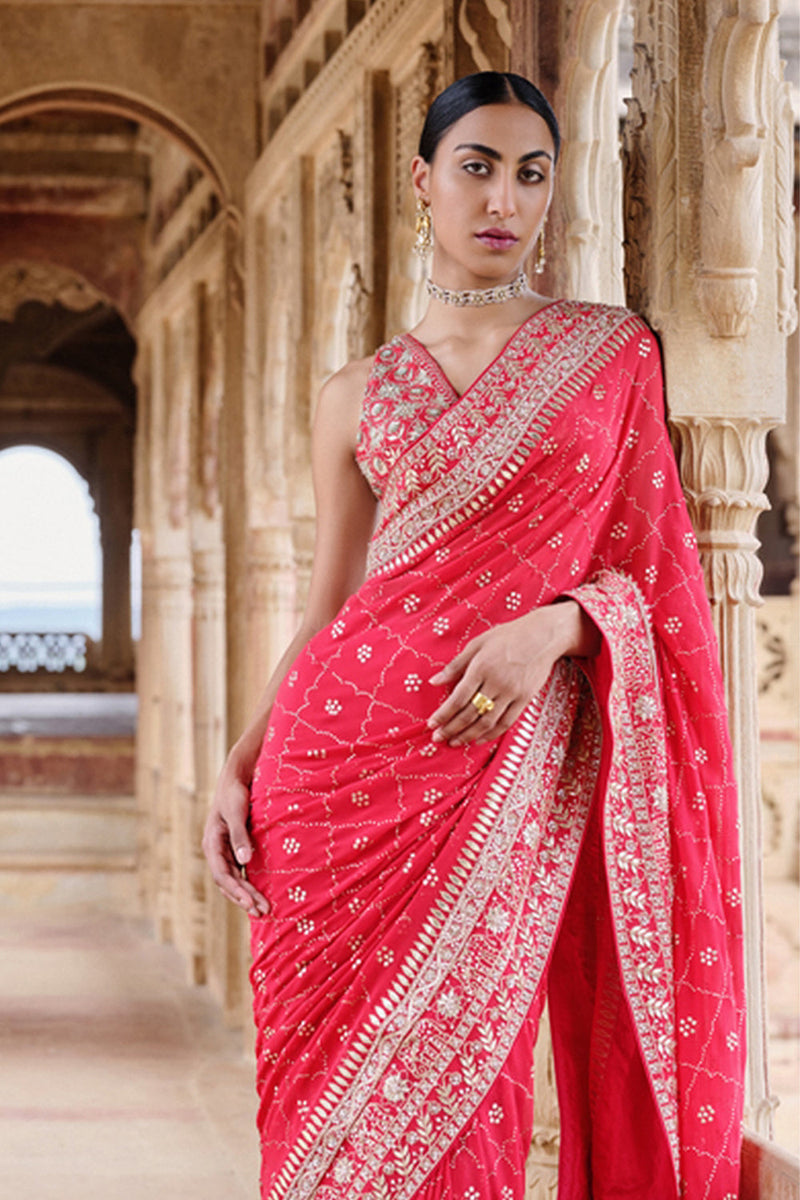 Anushna Handcrafted Badla Georgette Saree Red