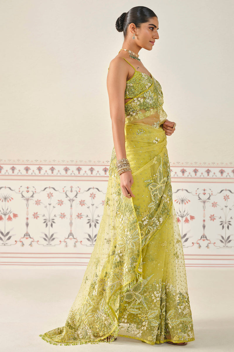 Mrigakshi Embroidered Saree Set - Lime