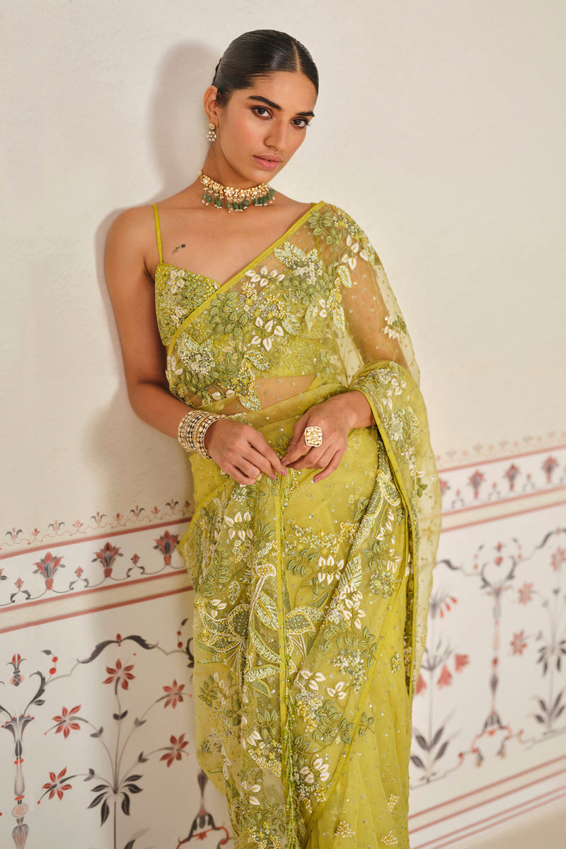 Mrigakshi Embroidered Saree Set - Lime