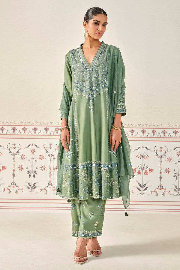 Anedya Kantha Silk Suit Set - Sage