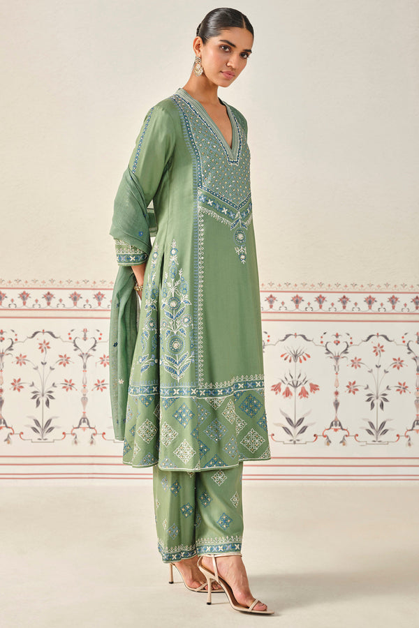 Anedya Kantha Silk Suit Set - Sage