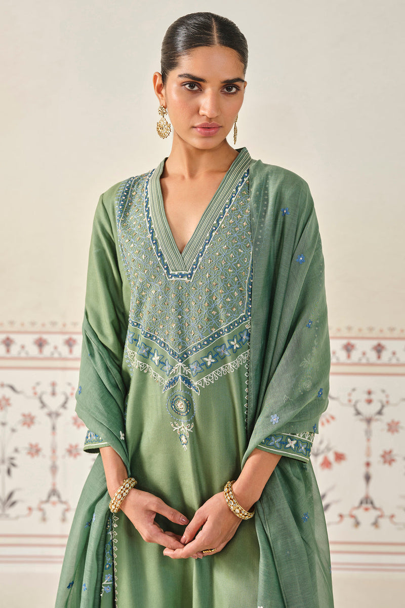 Anedya Kantha Silk Suit Set - Sage