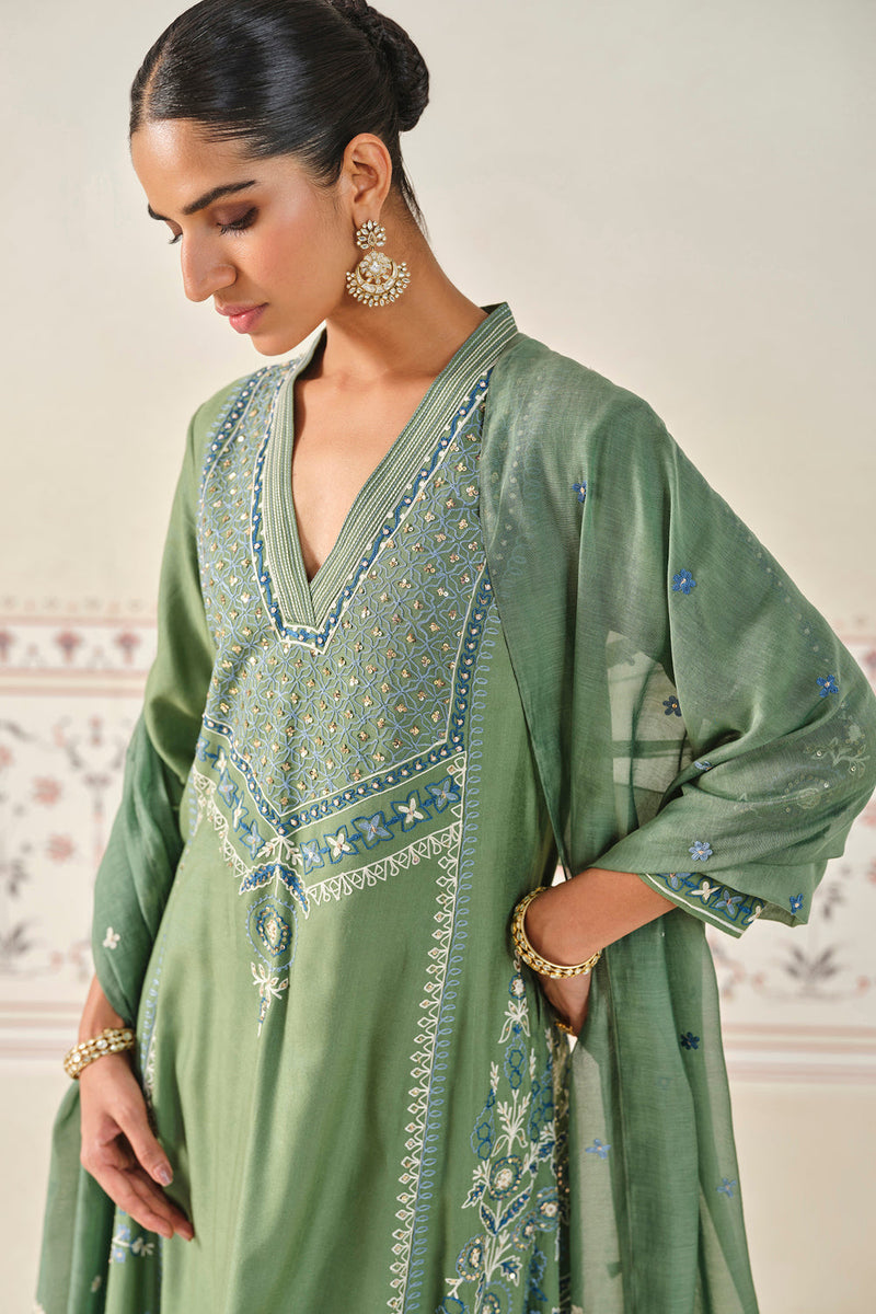 Anedya Kantha Silk Suit Set - Sage