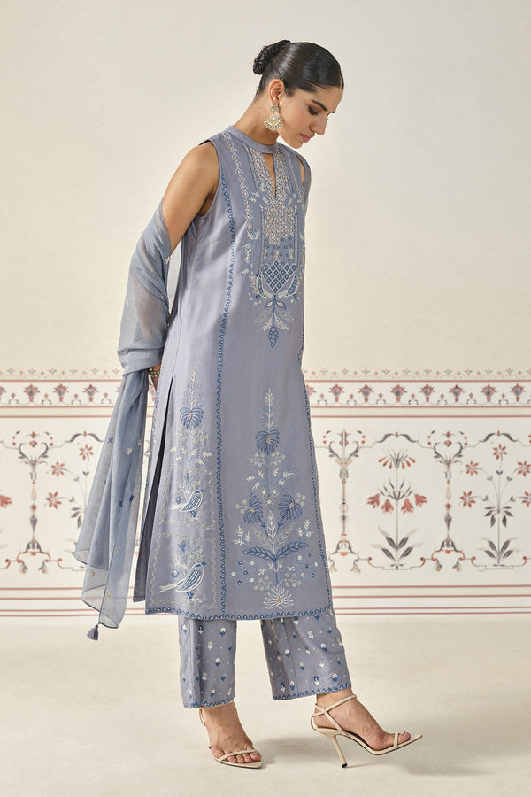 Mayukhi Kantha Silk Suit Set - Slate Grey