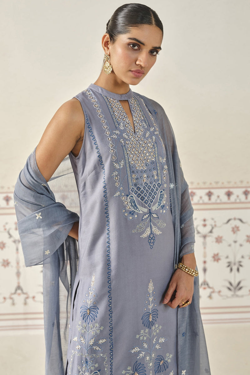 Mayukhi Kantha Silk Suit Set - Slate Grey