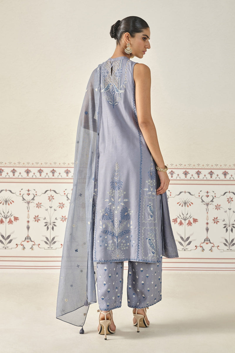 Mayukhi Kantha Silk Suit Set - Slate Grey