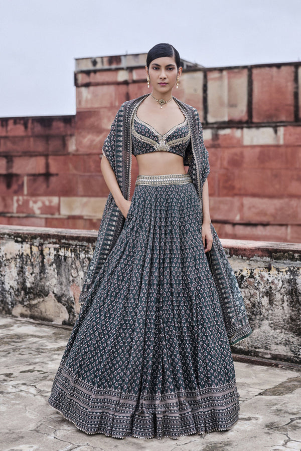 Arvia Printed Mul Lehenga Set - Green