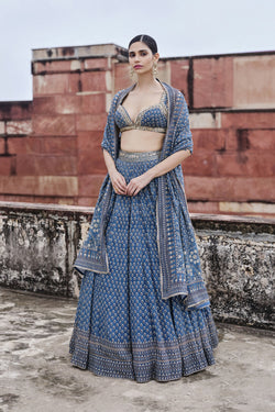 Abjini Printed Mul Lehenga Set - Blue