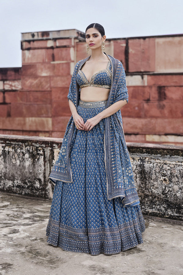 Abjini Printed Mul Lehenga Set - Blue